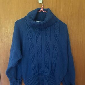 Vintage 100% Wool Cobalt Blue Chunky Cable Knit Turtleneck Sweater